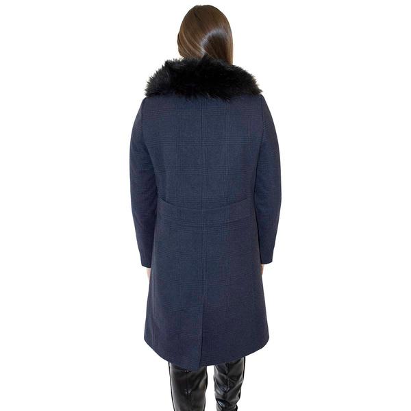 Womens Nine West Plaid Faux Wool Coat With Faux Fur Collar