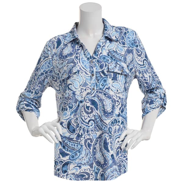 Plus Size Emily Daniels 3/4 Sleeve Paisley Jacquard 2-Pocket Polo