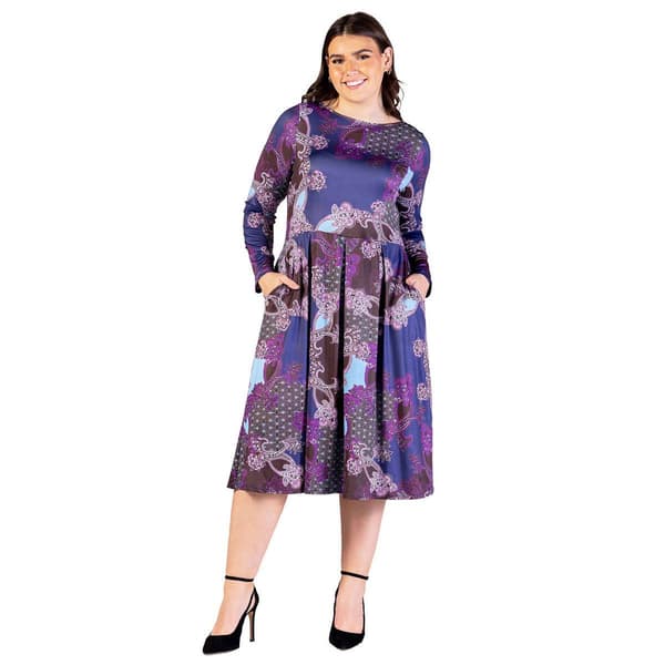 Plus Size 24/7 Comfort Apparel Purple Paisley Midi Pocket Dress - image 