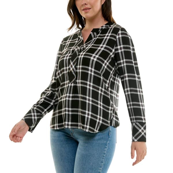 Womens Zac & Rachel Long Sleeve Split Neck Plaid Blouse