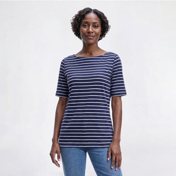 Petite Hasting & Smith Elbow Sleeve Stripe Boat Neck Tee - image 