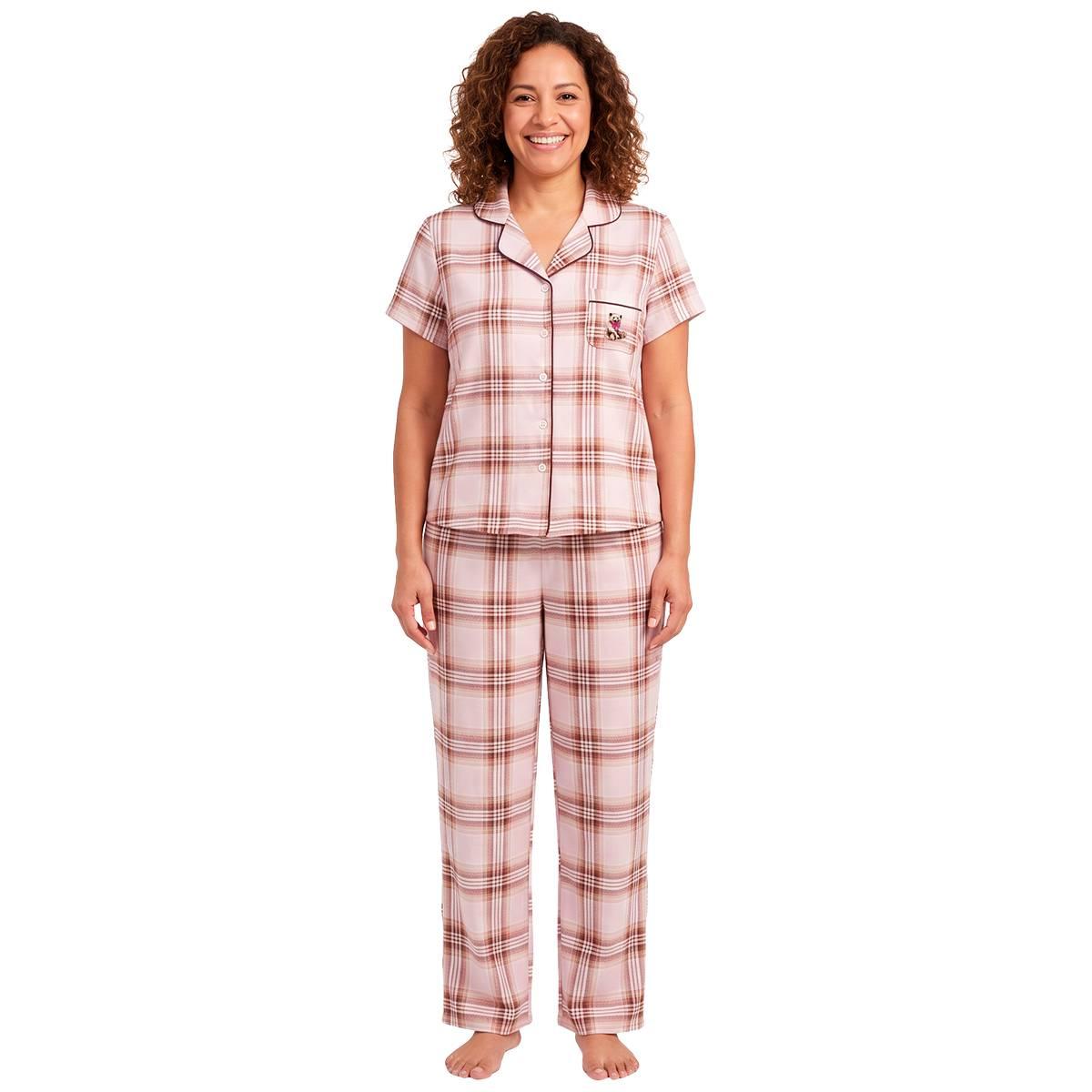 Womens Laura Ashley(R) Short Sleeve Bear Pocket Plaid Pajama Set