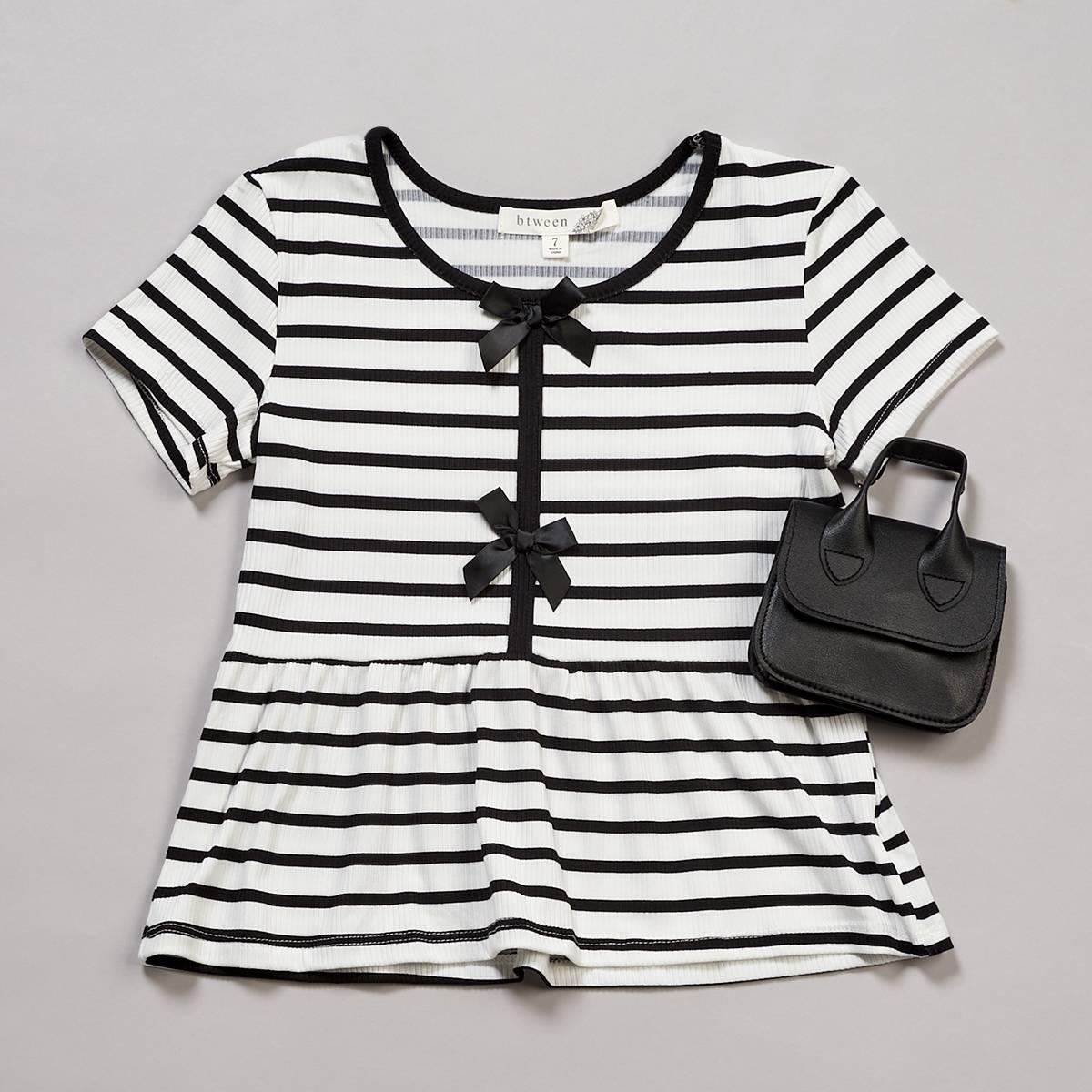 Girls (7-16) BTween(R) Short Sleeve Peplum Stripe Top w/ Bag