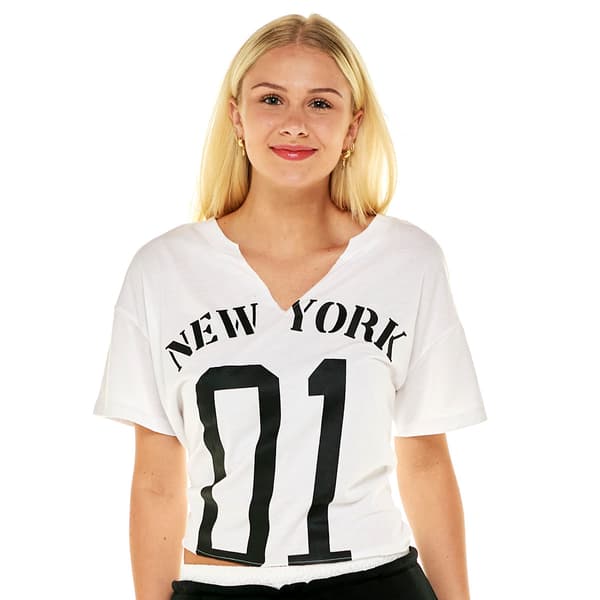 Juniors No Comment Oversized New York Raw Hem Tee - image 