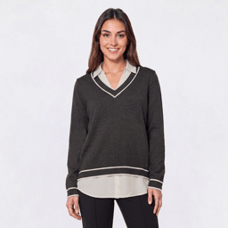 Womens Adrianna Papell Long Sleeve Tip V-Neck Two In One Blouse