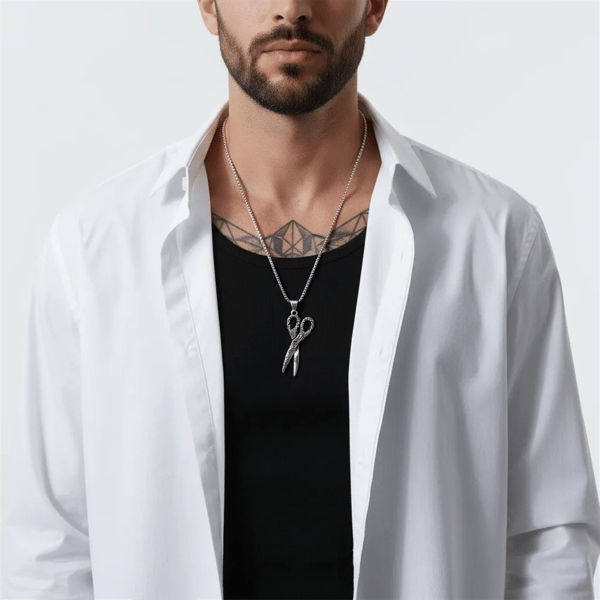 Mens Iron Saints Stainless Steel Rope Chain with Scissor Pendant