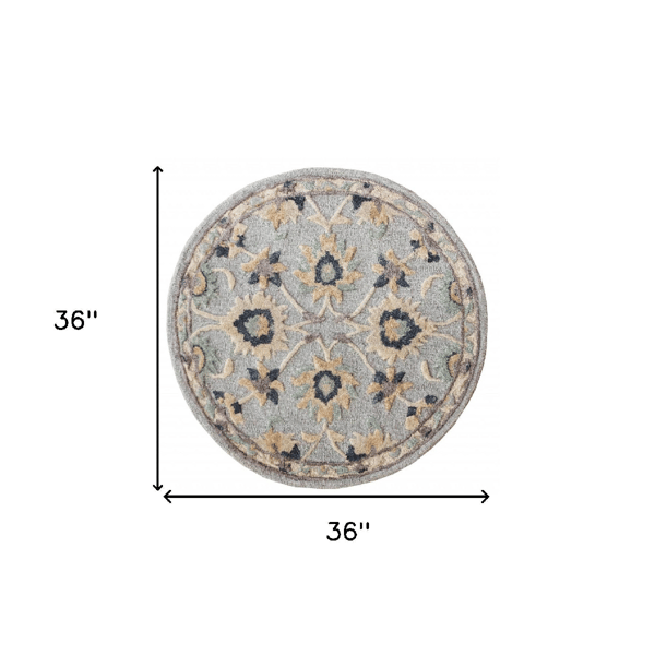 HomeRoots Beige & Blue Wool Floral Hand Woven Round Rug