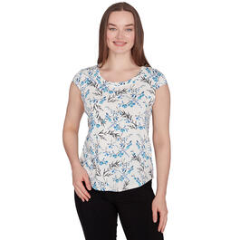Womens Emaline Easy Knit Tops Cap Sleeve Bouquet Floral Tee