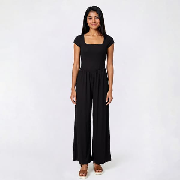 Juniors No Comment Cap Sleeve Rib Square Neck Wide Leg Jumpsuit