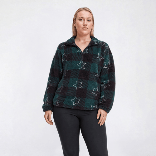 Plus Size Hasting & Smith Quarter Zip Star Buffalo Check Sweater