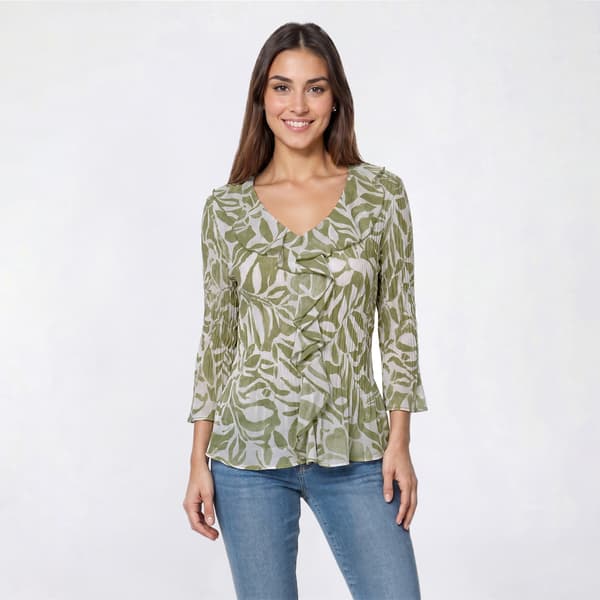Petite Floral & Ivy 3/4 Sleeve Ruffle Neck Vine Pleater Blouse - image 