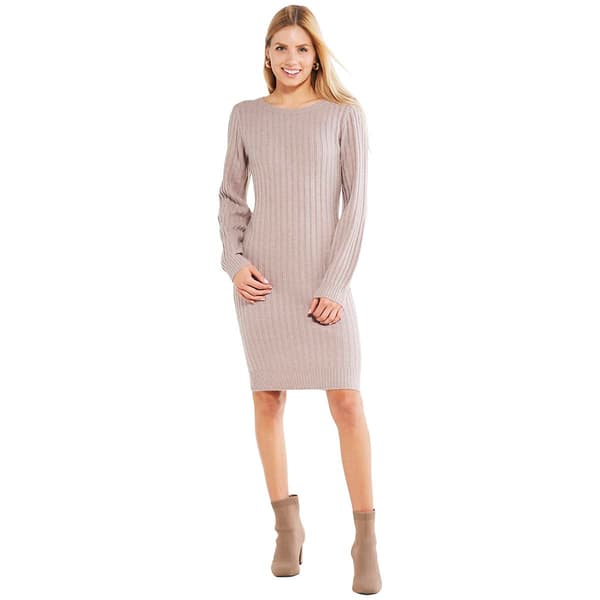 Juniors Pink Rose Ribbed Bubble Sleeve Crew Neck Shift Dress - image 