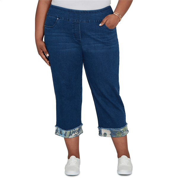 Plus Size Alfred Dunner Indigo Girls Floral Hem Pull On Jeans - image 