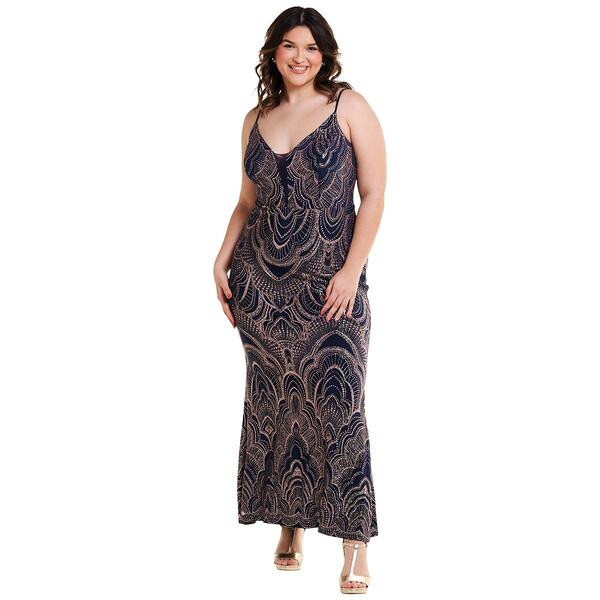 Juniors Plus Jump Glitter Medallion V-Neck Empire Waist Dress - image 