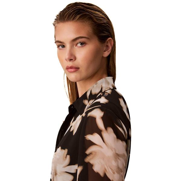 Womens Calvin Klein Long Sleeve Tie Waist Floral Shirtdress