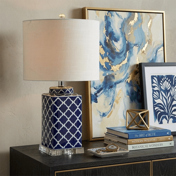 HomeRoots 23in. Navy Blue & White Geometric Table Lamp