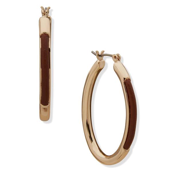 Chaps Gold-Tone Brown-Leather Oval Hoop Click-Top Hoop Earrings - image 