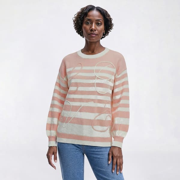 Womens Nicole Miller Long Sleeve Stripe Love Embroidered Sweater - image 