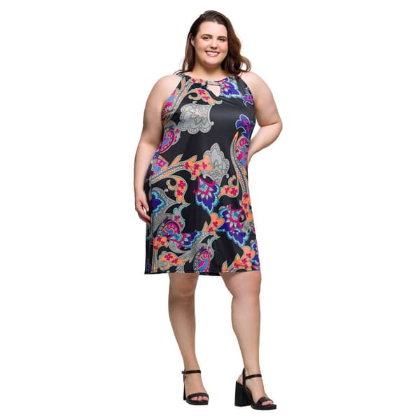 Plus Size 24/7 Comfort Apparel Black Paisley Keyhole Dress