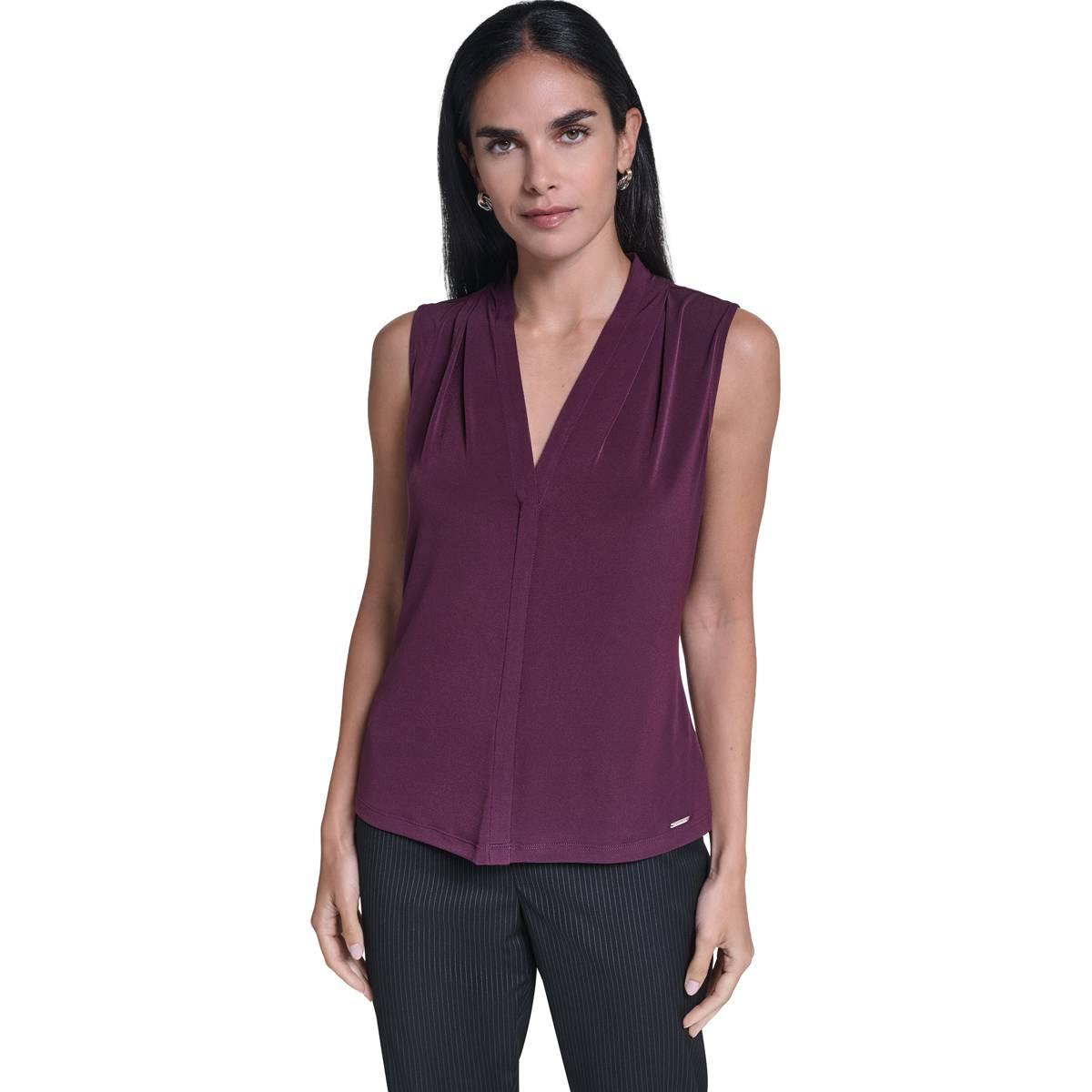 Womens Calvin Klein Sleeveless Tie Neck Solid Blouse
