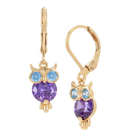 Betsey Johnson Purple Cubic Zirconia Stone Owl Earrings - image 