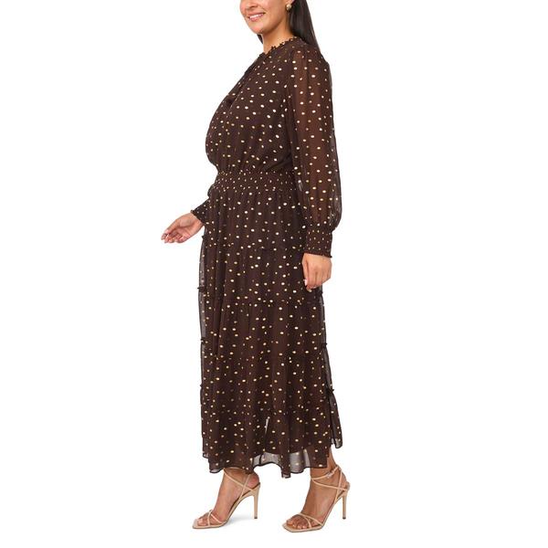Plus Size MSK Long Sleeve Tie Neck Foil Dot Tiered Maxi Dress