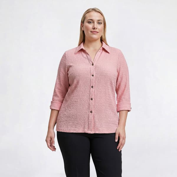 Plus Size Kasper 3/4 Rolled Sleeve Textured Button Up Blouse - image 