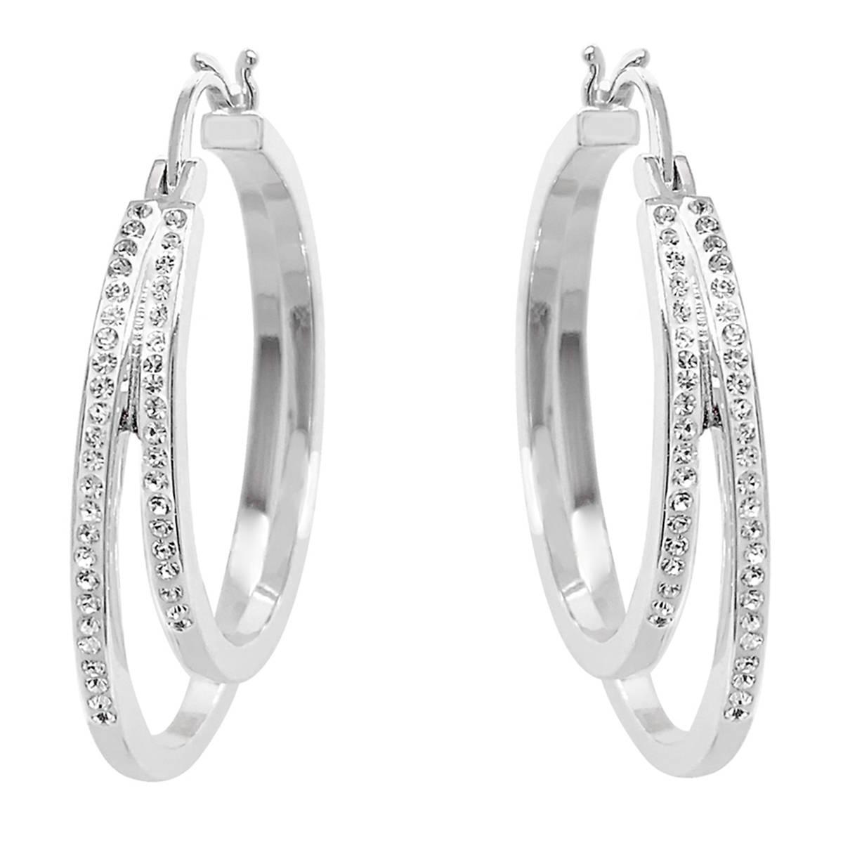 Marsala Silver Plated Double Row Crystal Hoop Earrings