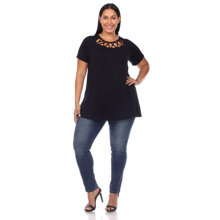 Plus Size White Mark Crisscross Neckline Short Sleeve Tunic