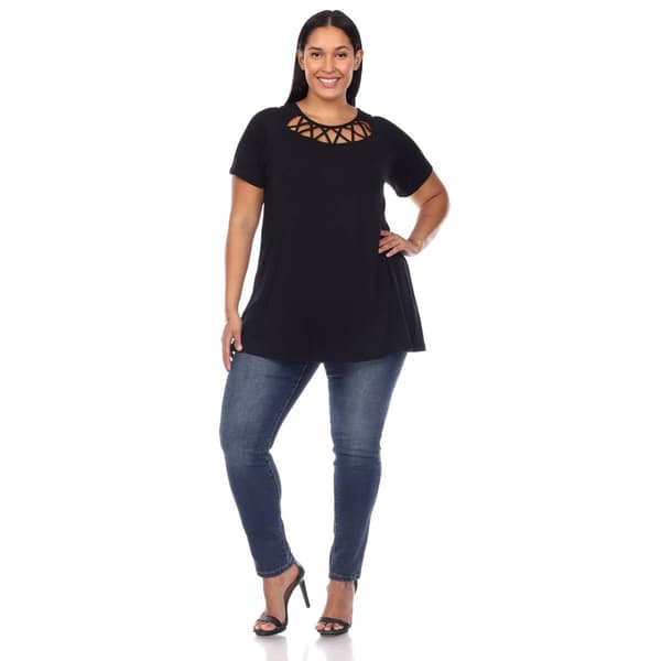 Plus Size White Mark Crisscross Neckline Short Sleeve Tunic