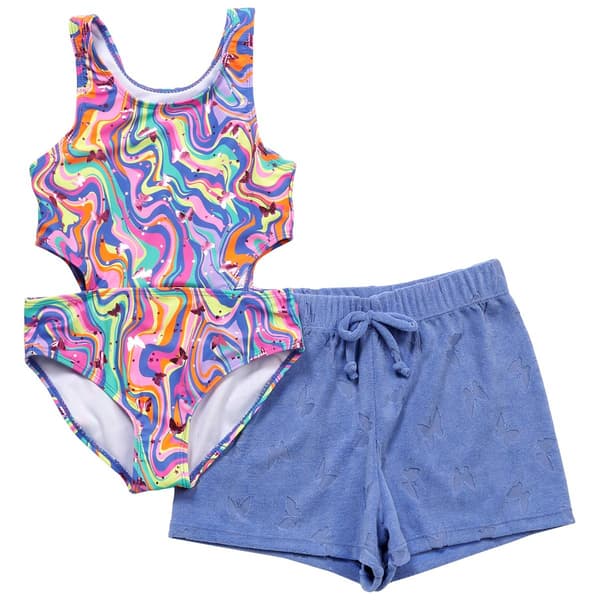 Girls &#40;7-12&#41; Bmagical Marble Cutout One Piece & Shorts Swim Set