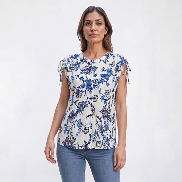 Womens Emily Daniels Sleeveless Ruched Shoulder Floral Blouse