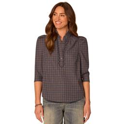 Womens Democracy 3/4 Cuff Sleeve Ruffle Neck Plaid Woven Top Wit