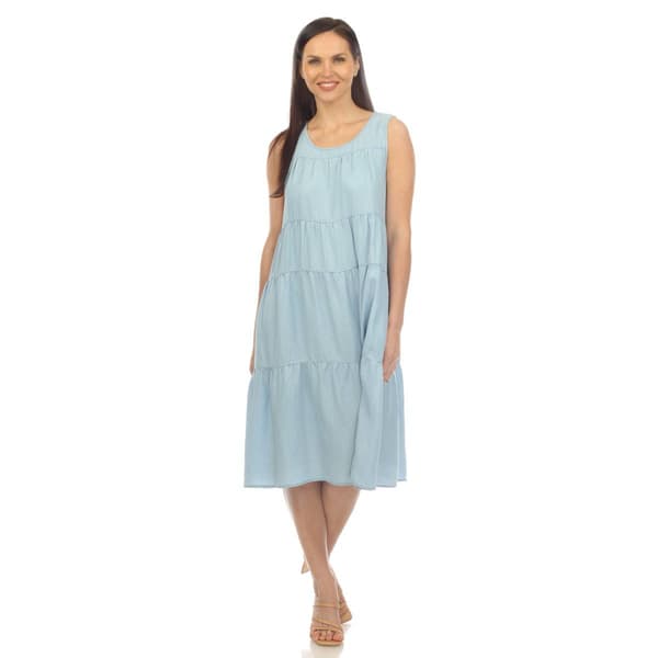 Womens White Mark Sleeveless Tiered Chambray Midi Dress