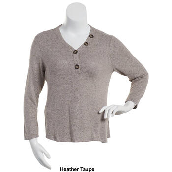 Plus Size NY Collection 3/4 Sleeve Heathered Hacci Henley Top - Boscov's