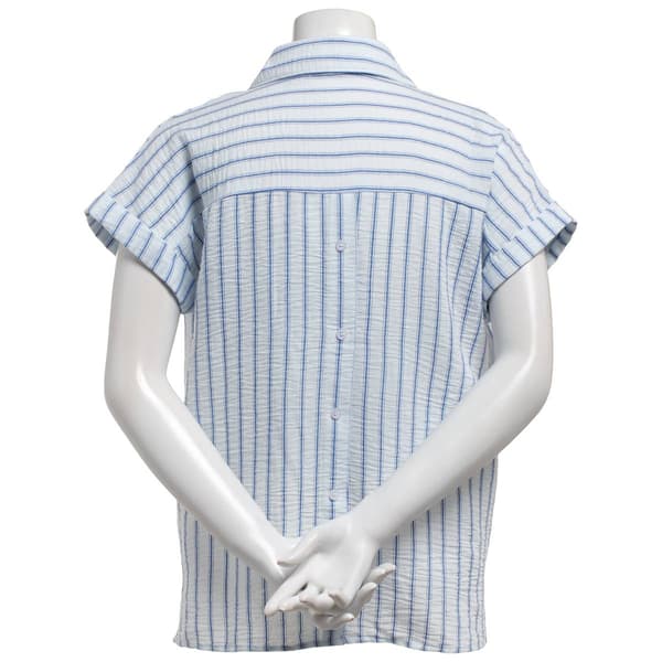 Womens Notations Dolman Sleeve Stripe Linen Button Front Blouse
