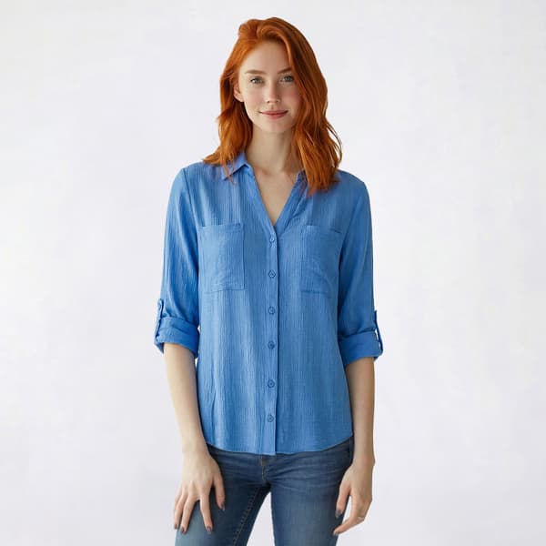 Juniors A. Byer Roll Tab Sleeve Tie Front Shirt - image 