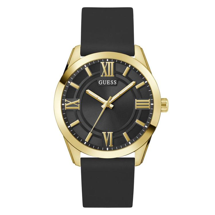Mens Guess Gold Tone Analog Watch w/ Black Strap - GW0894G2
