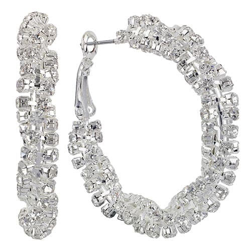 Silver-Tone Twisted Crystal Hoop Earrings - image 