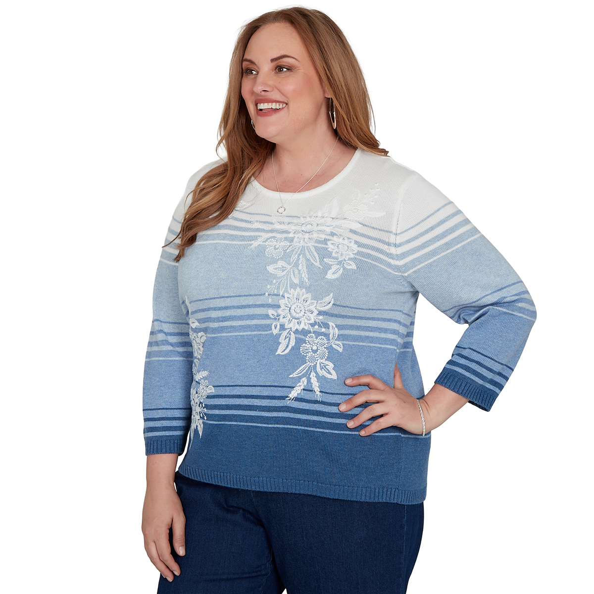 Plus Size Alfred Dunner Tuscany Ombre Stripe Floral Sweater
