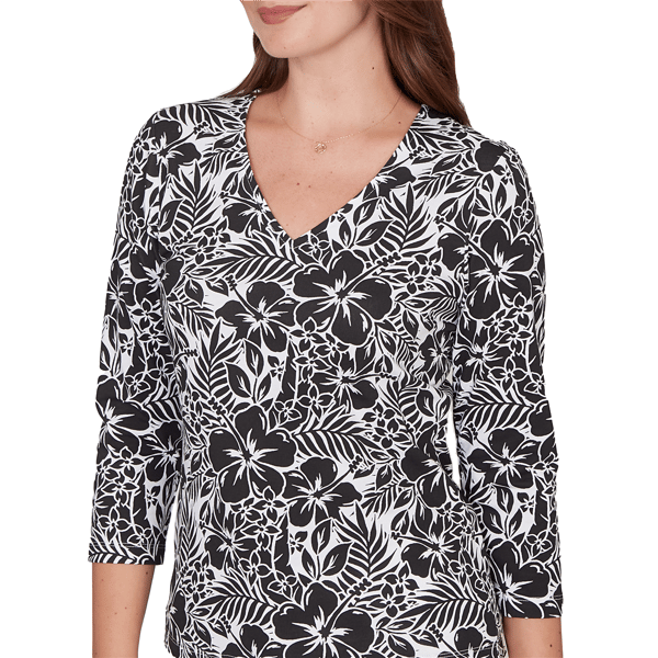 Petite Hearts of Palm Printed Essentials Floral V Neck Blouse