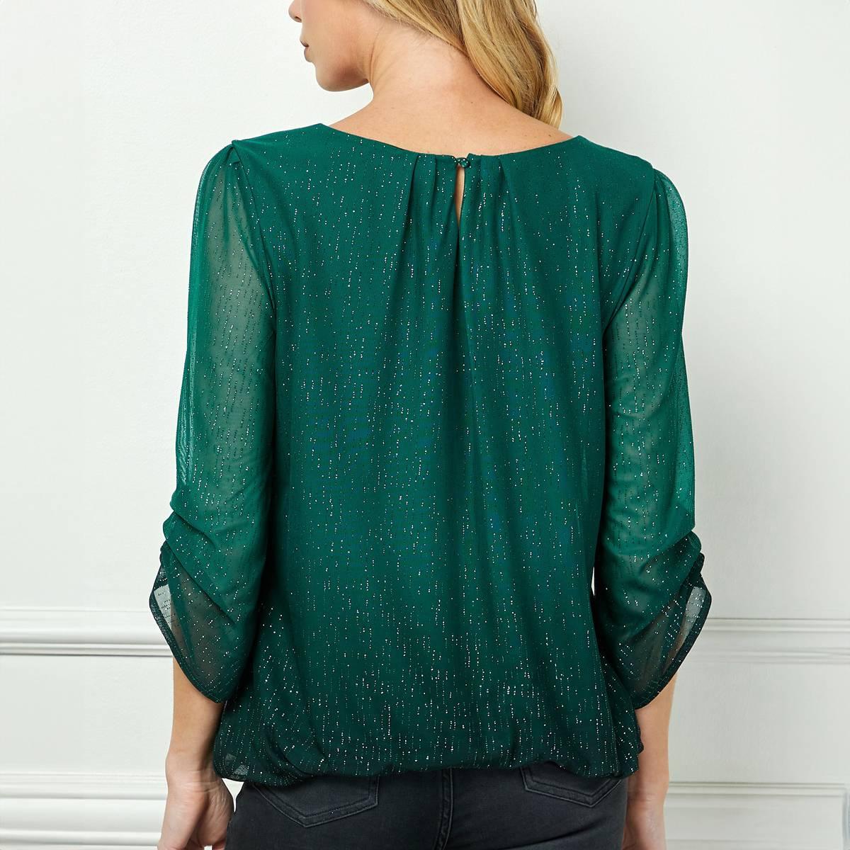 Womens Sara Michelle 3/4 Ruch Sleeve Matte Glitter Blouse