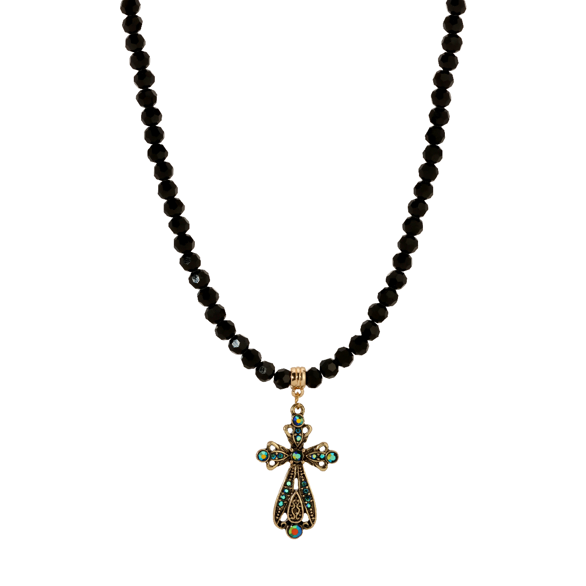 1928 15in. Crystal AB & Blue Stone Cross Necklace