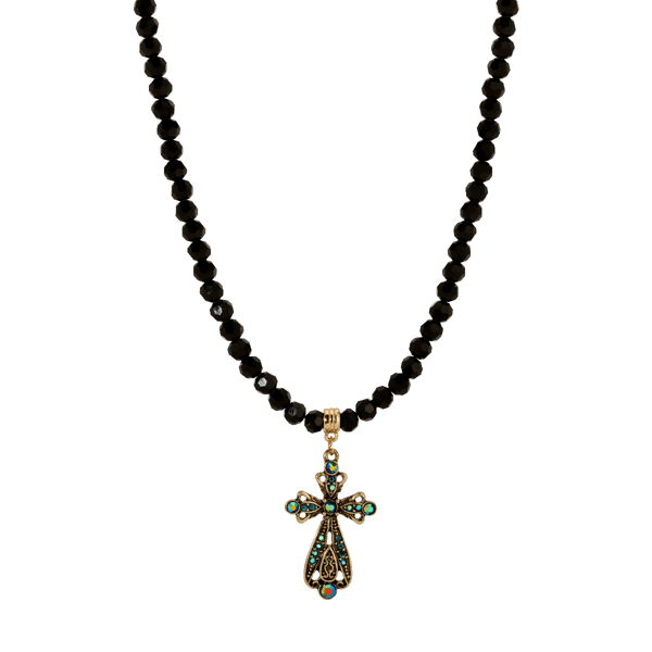 1928 15in. Crystal AB & Blue Stone Cross Necklace - image 