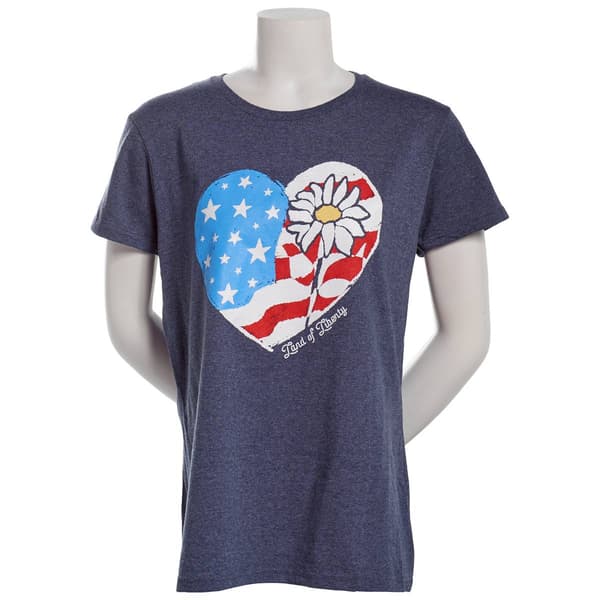 Womens Home of the Brave Flag Flower Heart Short Sleeve Tee - image 