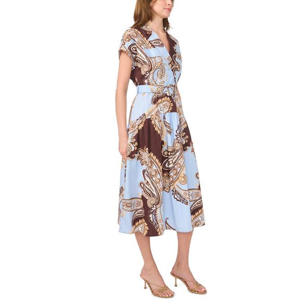 Womens Cece Cap Sleeve Paisley Belted Waist Poplin Midi Dress