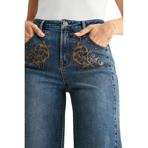 Womens CITY BLUES Embroidered Wide Leg Jeans