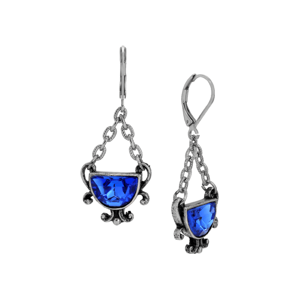 1928 Silver Half Moon Blue Crystal Drop Earrings - image 