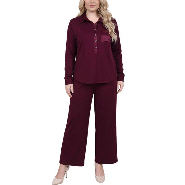 Plus Size NY Collection Solid Hacci Henley French Terry Jogger S - image 