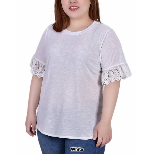 Plus Size NY Collection Ruffle Short Sleeve Scoop Solid Knit Tee